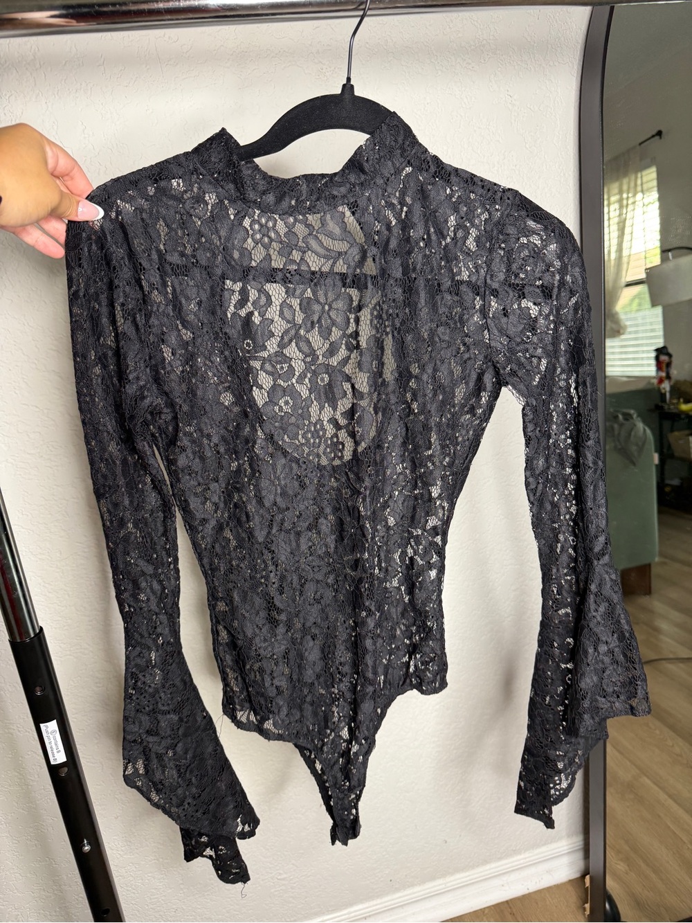 Black Lace Long-Sleeve Sheer Top